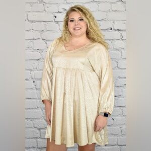 Umgee + Long Sleeve Satin Animal Print Babydoll Dress Size XL Champagne
